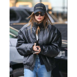 Hailey Bieber Black Bomber Leather Jacket